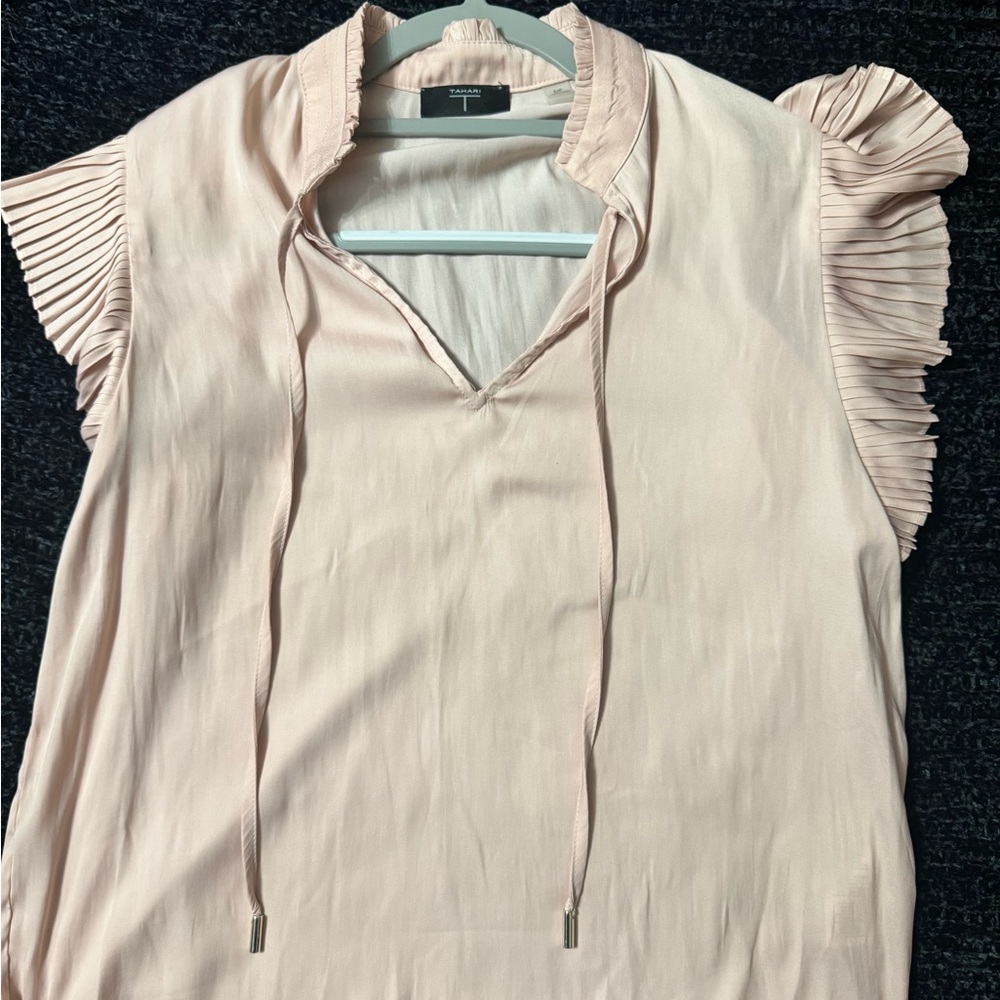 Blush Pink Pleated Sleeve Tie-Neck Top